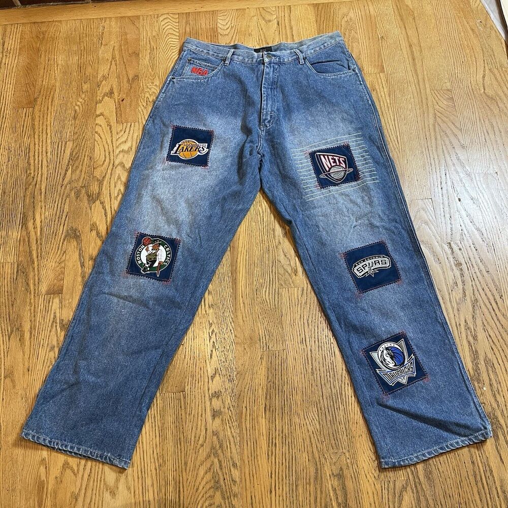 Unk Embroidered Basketball Patch Jeans NBA Team Logos Size 36 x 32 NWT Vtg Y2K